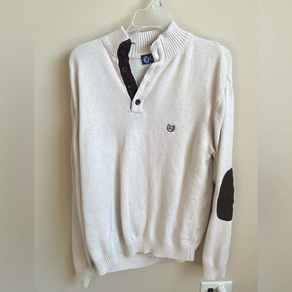 Chaps 1978 oversized crème sweater with brown patchwork elbows